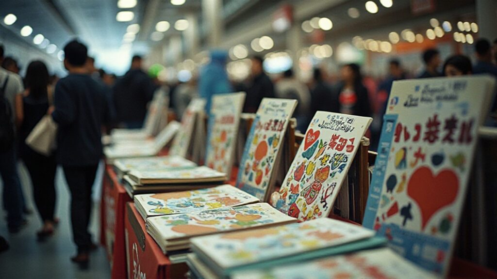 Indie doujinshi circle table setup with books, stickers, and clear price board at a convention